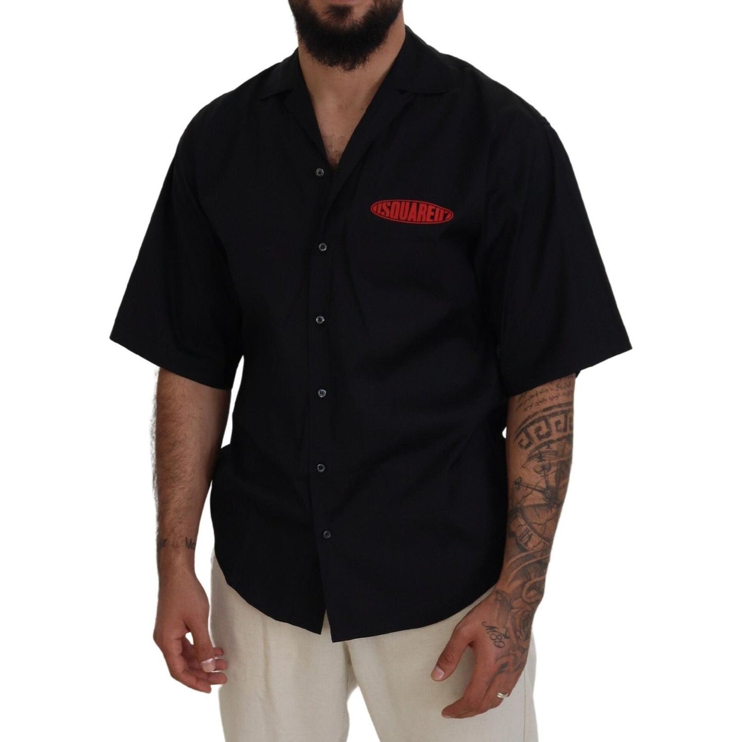 Black Cotton Collared Logo Print Short Sleeve Shirt