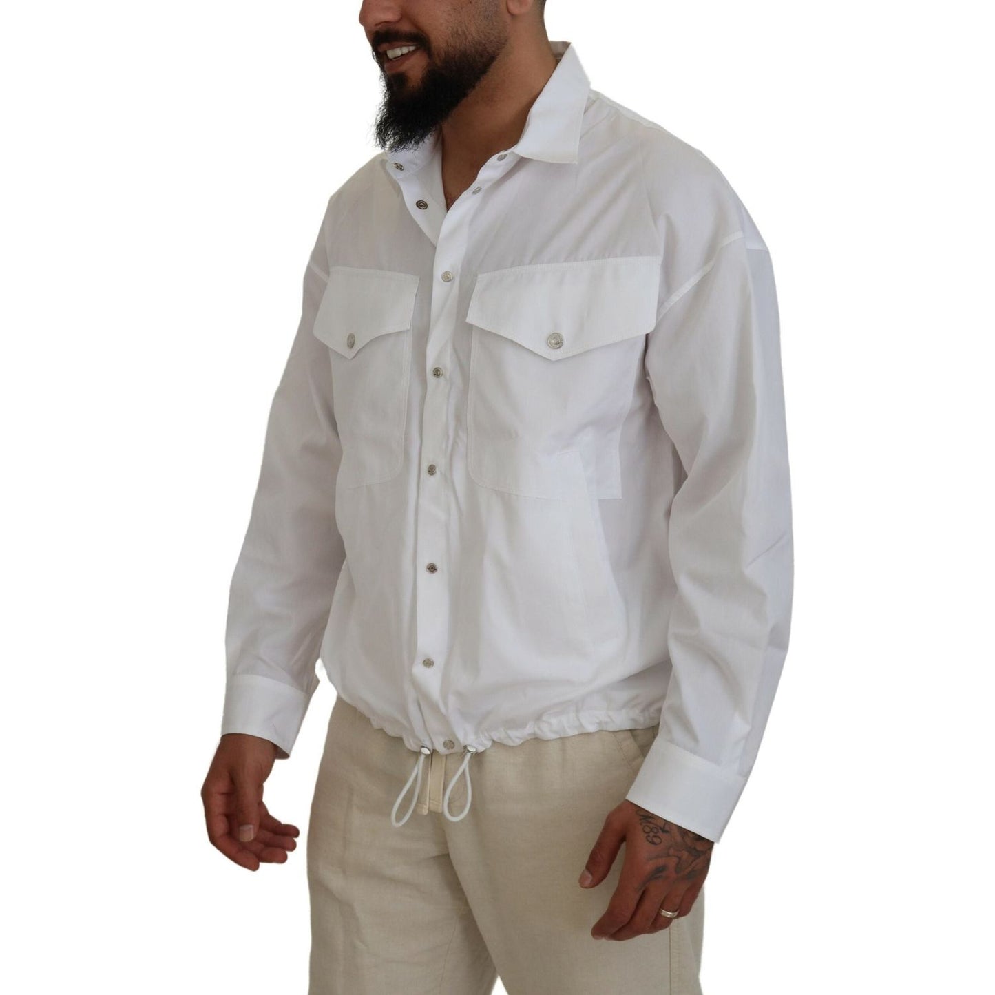 White Cotton Collared Casual Men Long Sleeves Jacket