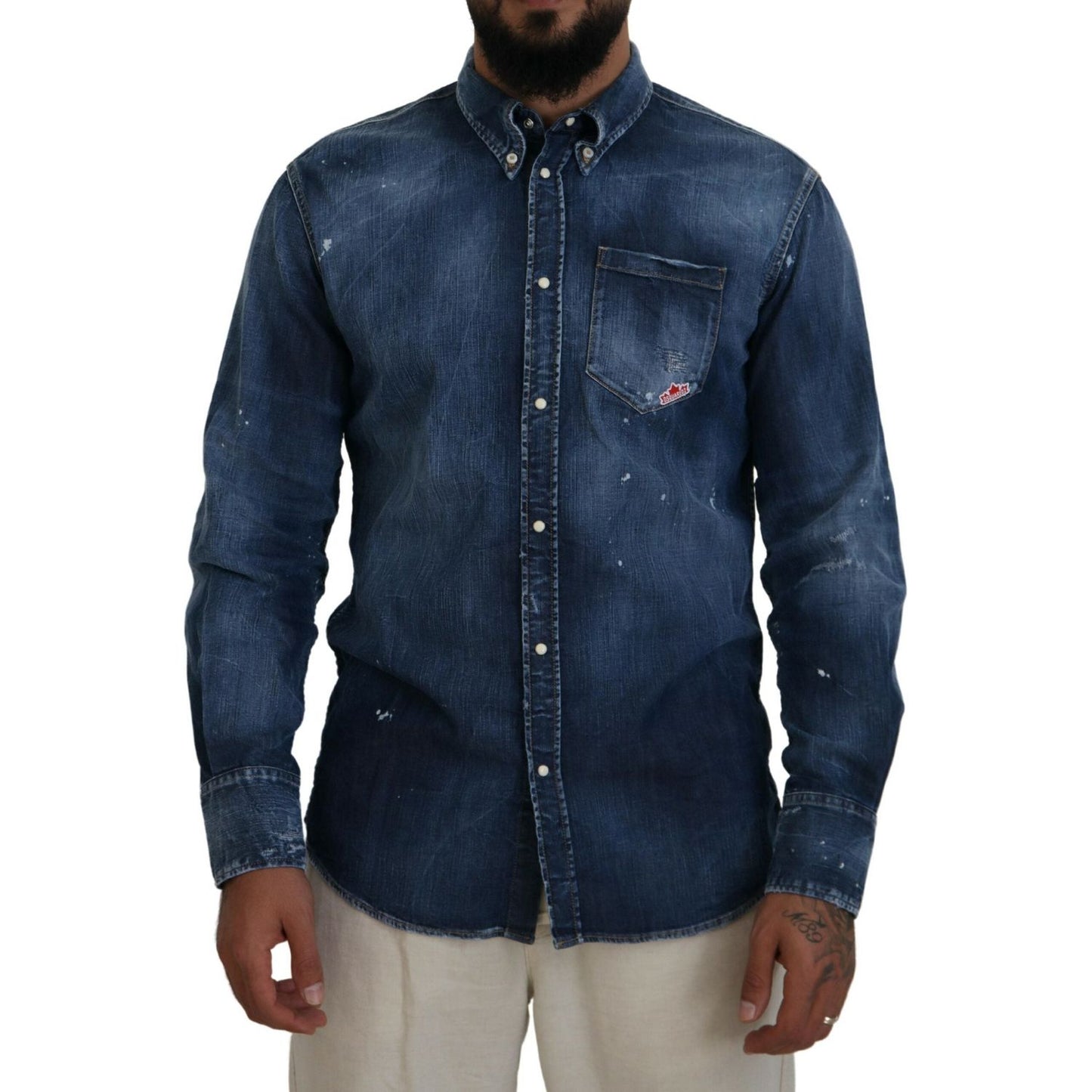 Blue Washed Collared Men Casual Long Sleeves Shirt