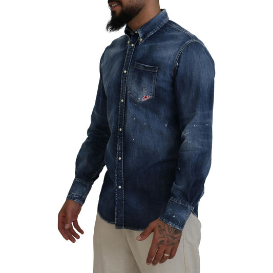 Blue Washed Collared Men Casual Long Sleeves Shirt