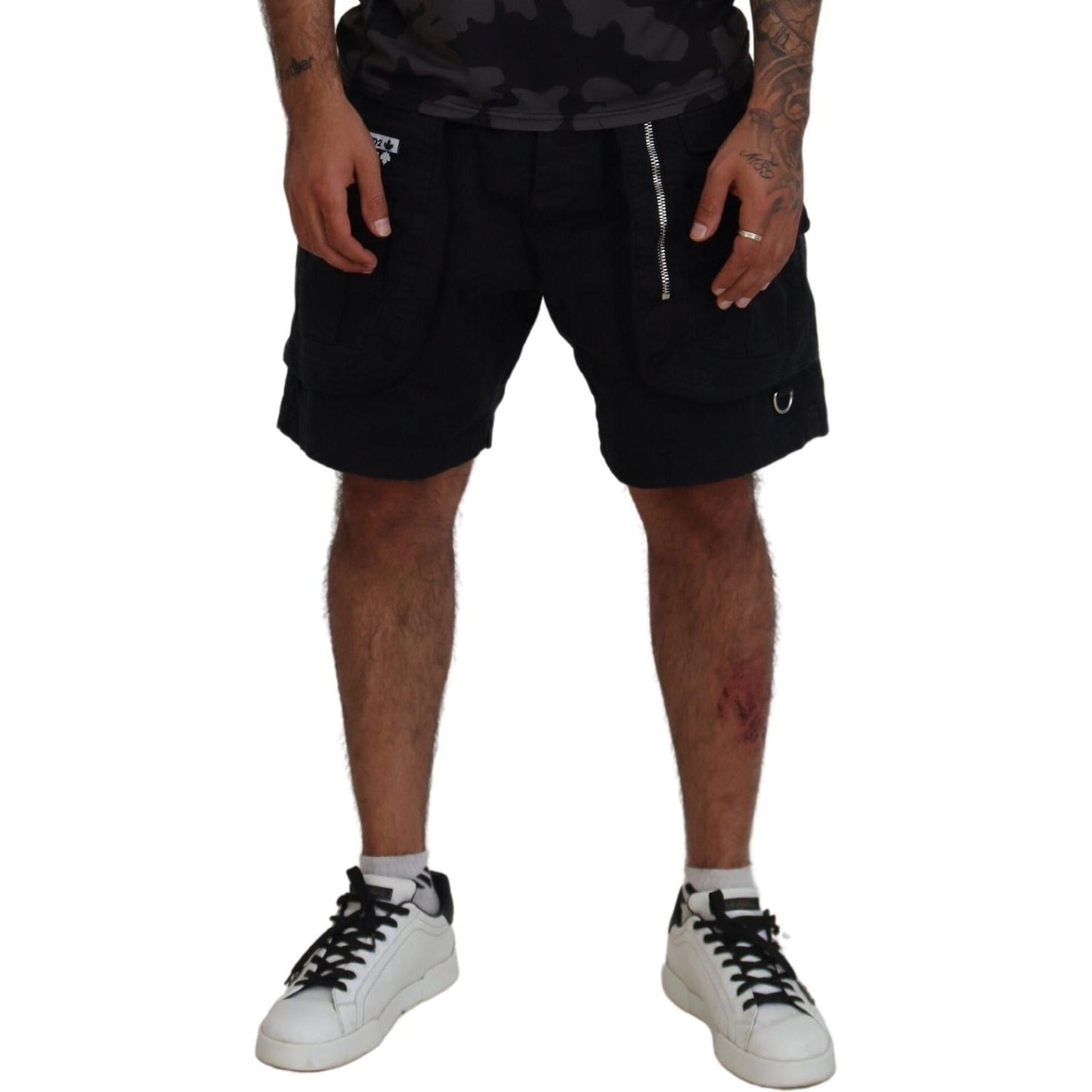 Black Cotton Cargo Boxer Above Knee Shorts