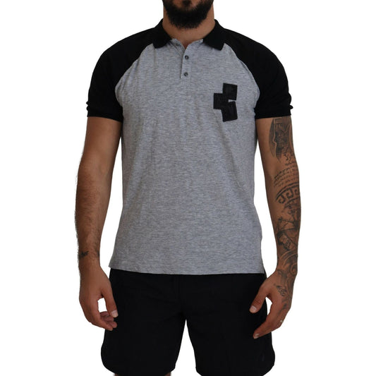 Gray Black Cotton Short Sleeves Collared T-shirt