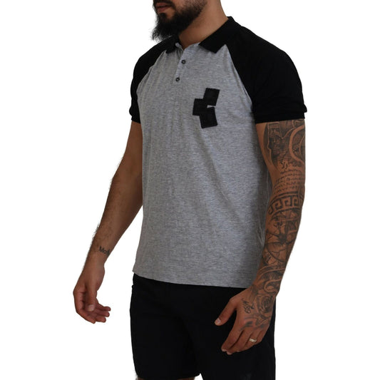 Gray Black Cotton Short Sleeves Collared T-shirt