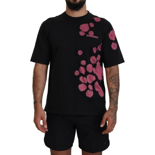 Black Pink Cotton Short Sleeves Crewneck T-shirt