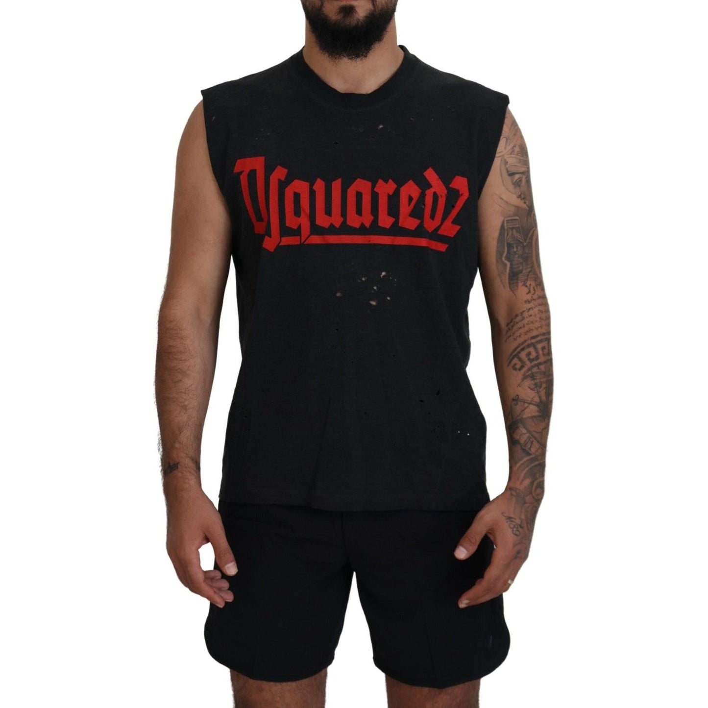 Black Cotton Sleeveless Crewneck Tank T-shirt