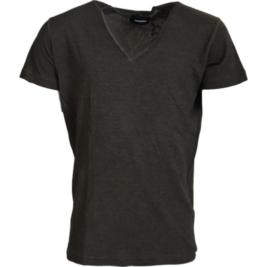 Gray Cotton Linen Short Sleeves V-neck T-shirt