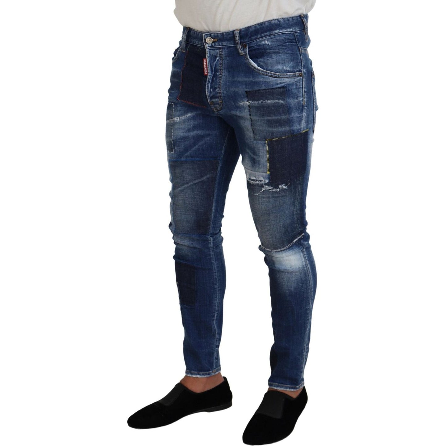 Blue Washed Patchwork Skinny Men Denim Jeans