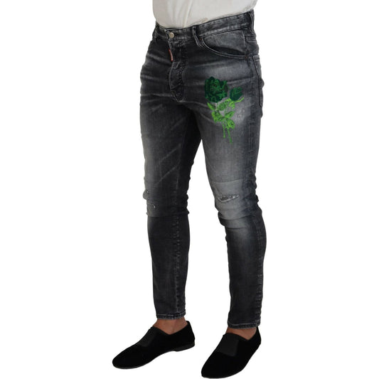 Gray Washed Green Print Skinny Casual Denim Jeans