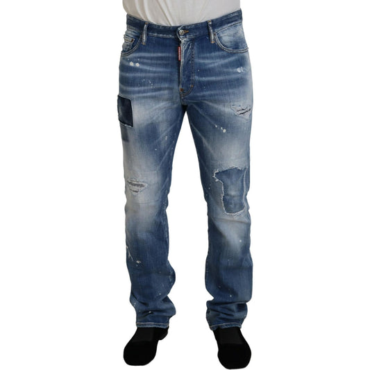 Blue Washed Tattered Straight Fit Casual Denim Jeans