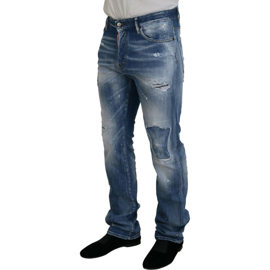 Blue Washed Tattered Straight Fit Casual Denim Jeans