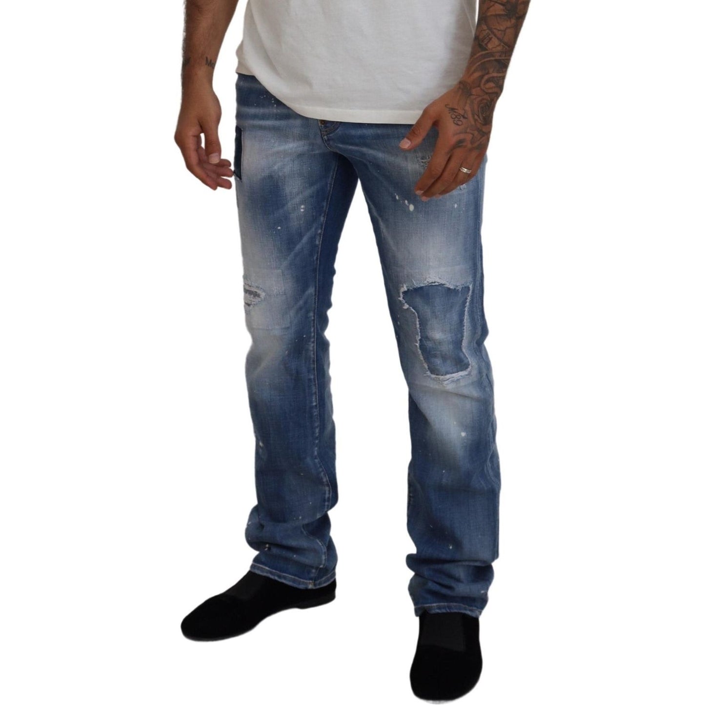 Blue Washed Tattered Straight Fit Casual Denim Jeans