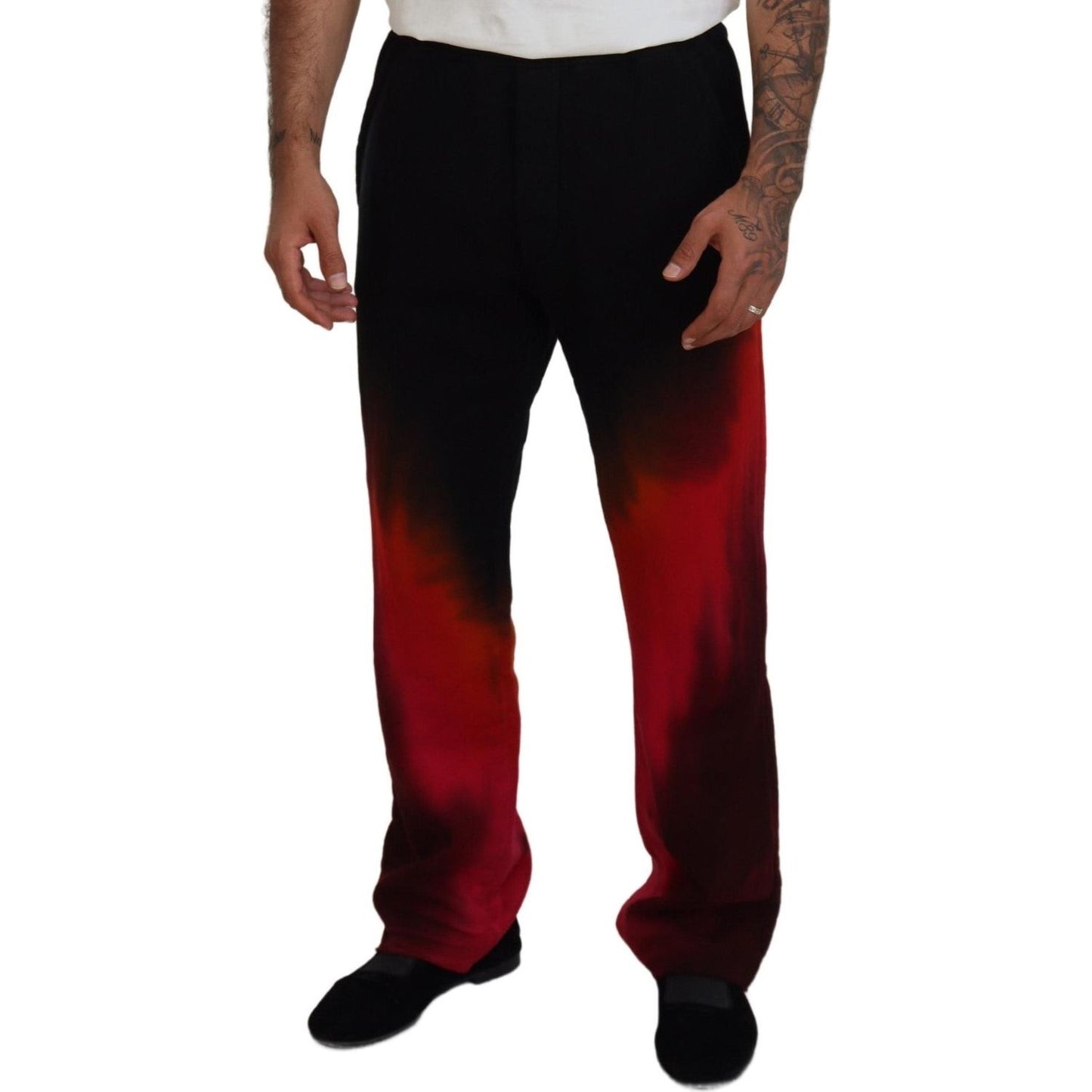 Black Red Cotton Logo Print Casual Pants