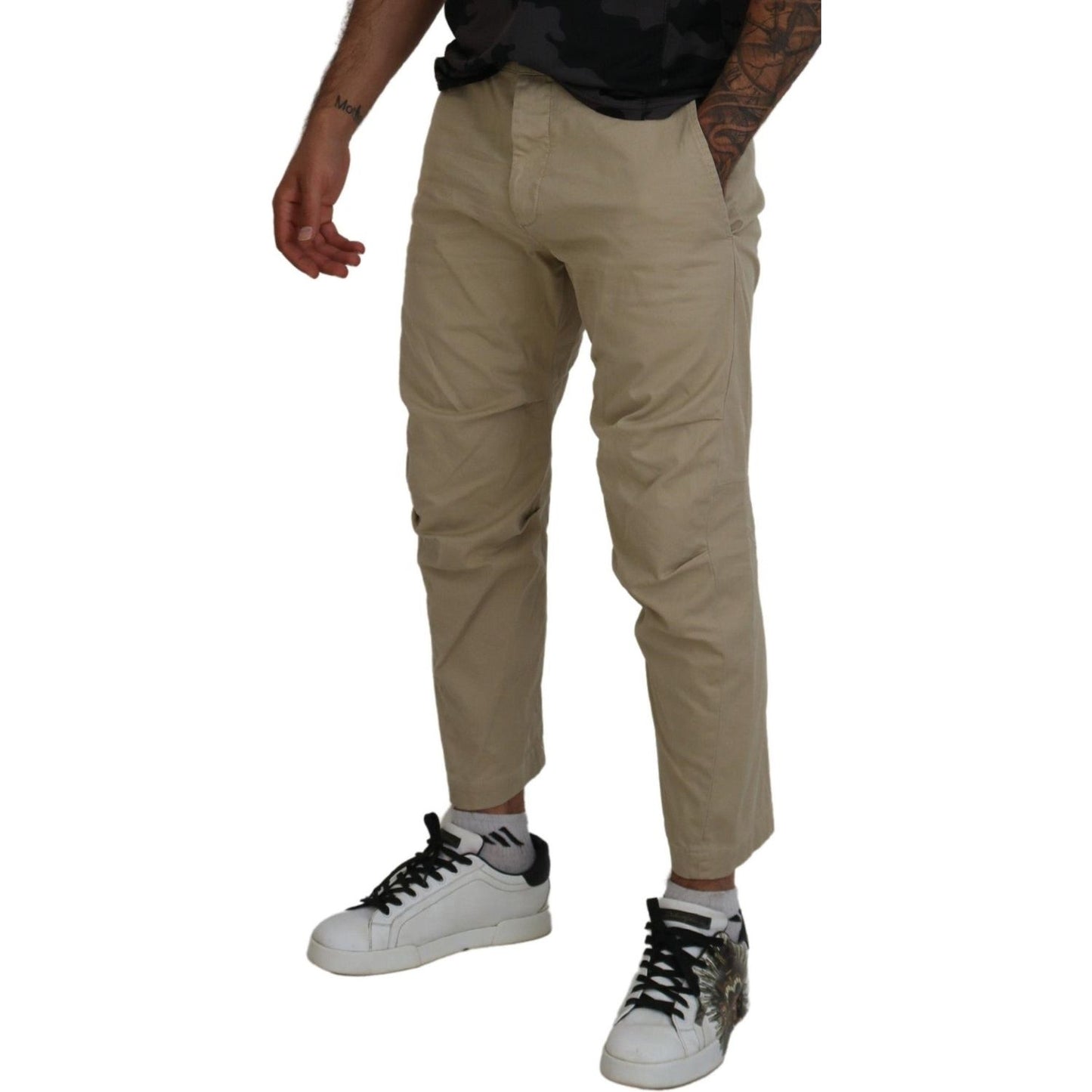 Beige Cotton Printed Leg Men Casual Pants