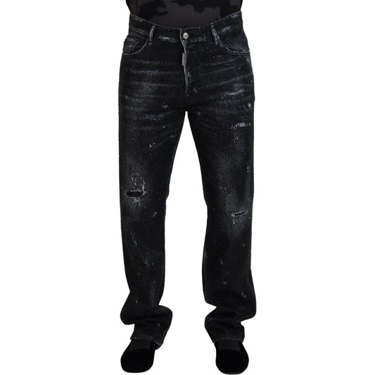 Black Crystal Embellished Tattered Denim Jeans