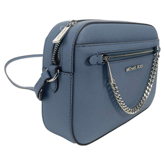 Jet Set East West Large Denim Leather Zip Chain Crossbody Bag