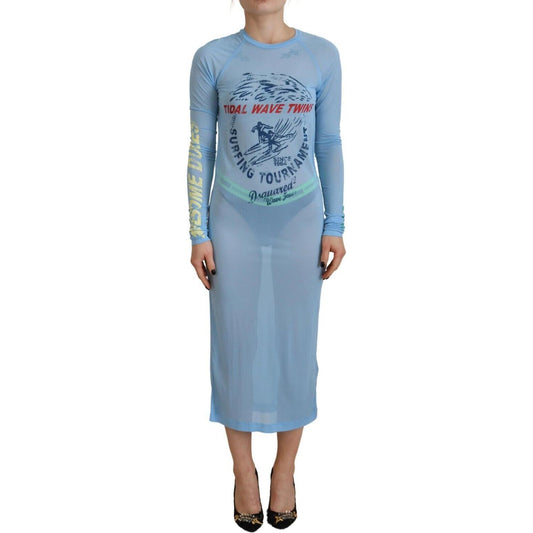 Blue Printed Viscose Long Sleeves Cover Up Dress