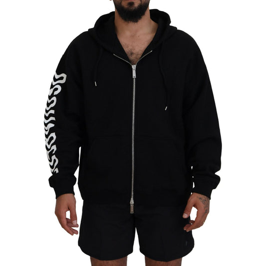 Black Hooded Full Zip Printed Sleeves Sweater