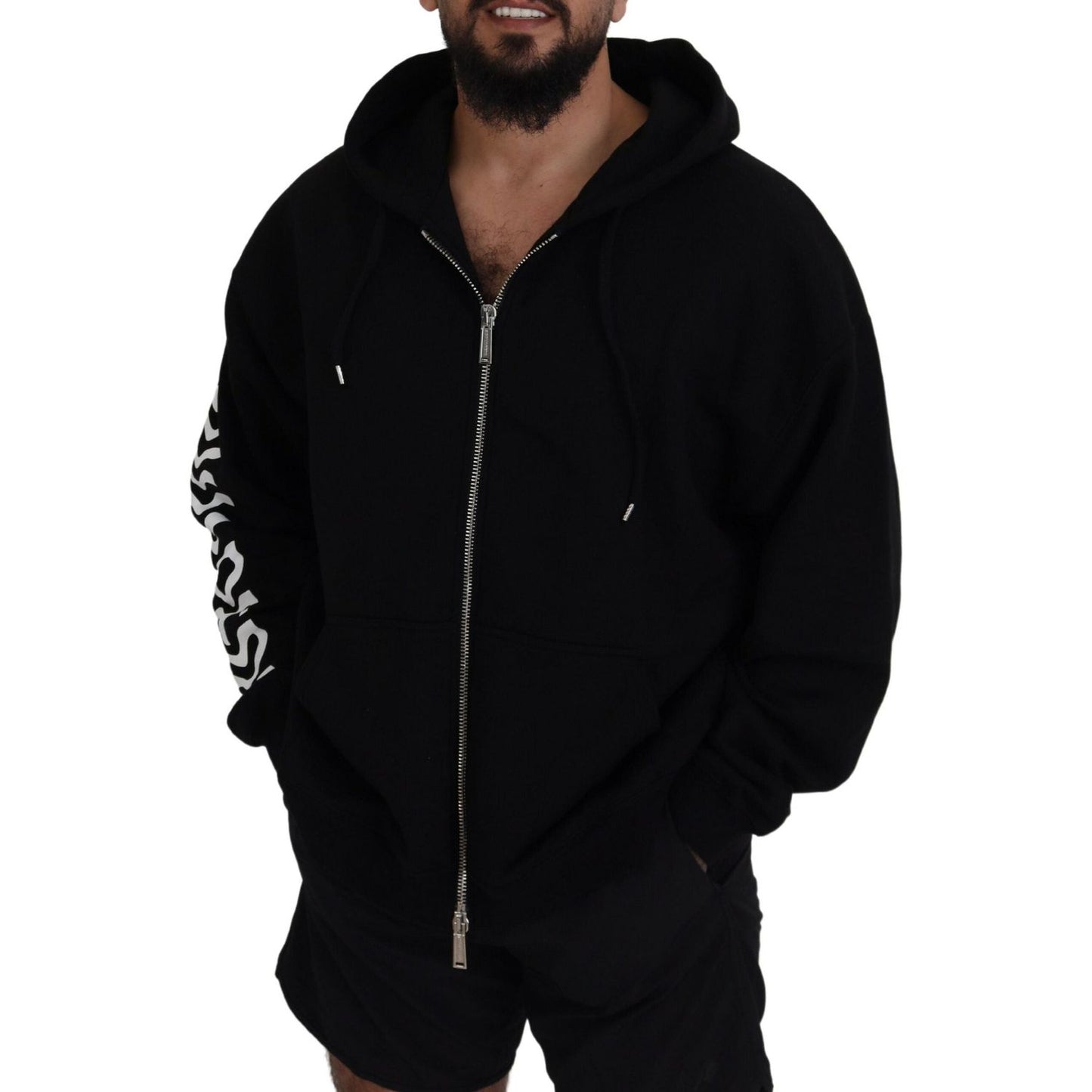 Black Hooded Full Zip Printed Sleeves Sweater