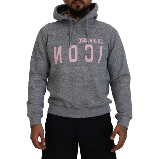 Gray Cotton Hooded Printed Men Pullover Sweater