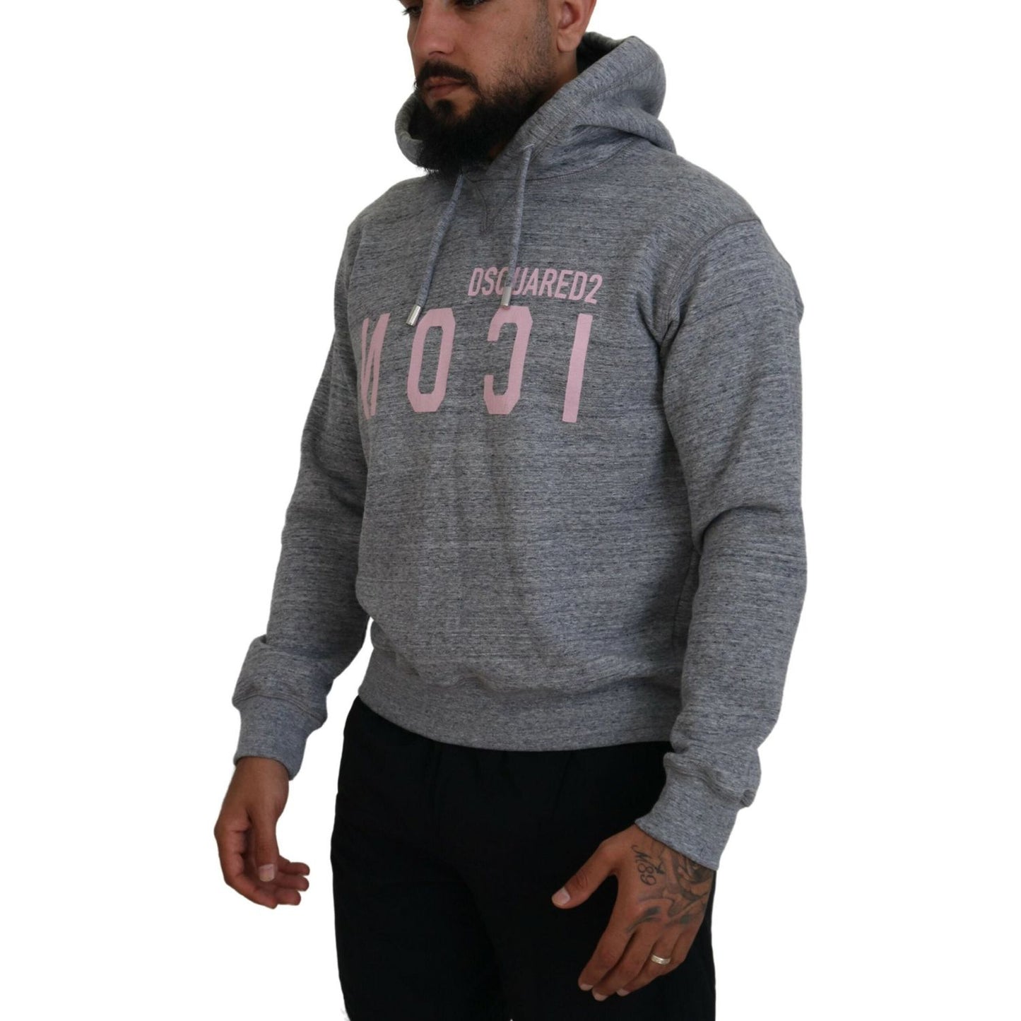 Gray Cotton Hooded Printed Men Pullover Sweater