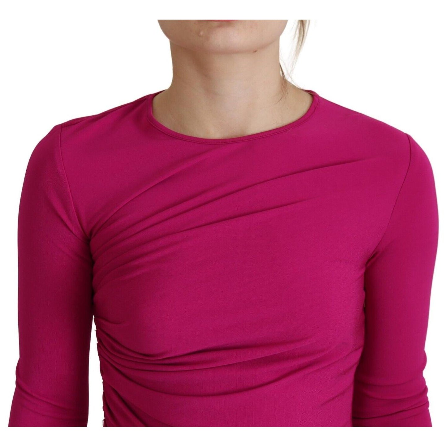 Fuchsia Viscose Long Sleeves Ruched Mini Dress