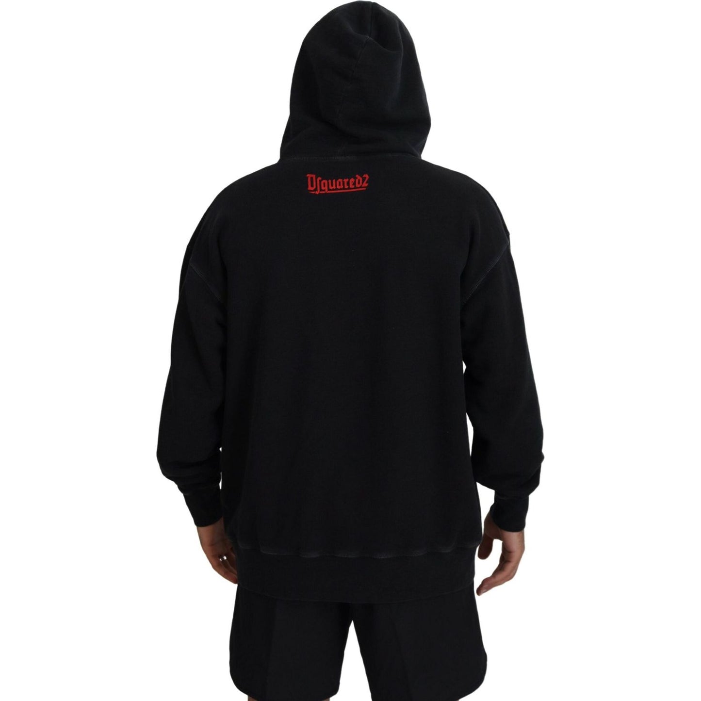 Black Cotton Hooded Printed Men Pullover Sweater