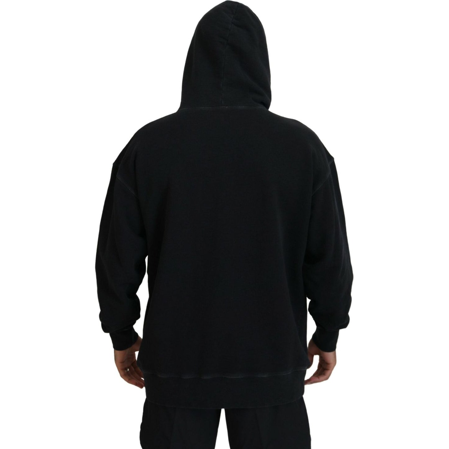 Black Cotton Hooded Printed Men Pullover Sweater