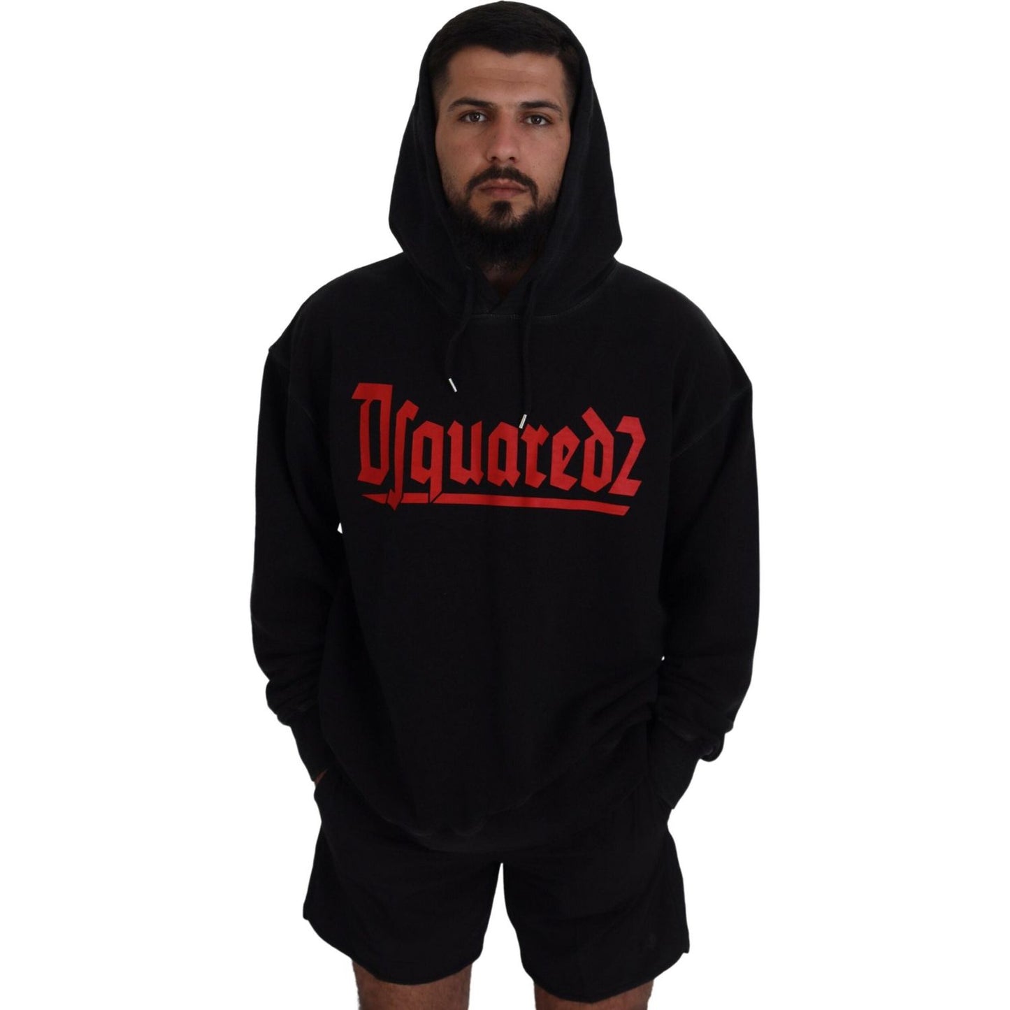 Black Cotton Hooded Printed Men Pullover Sweater