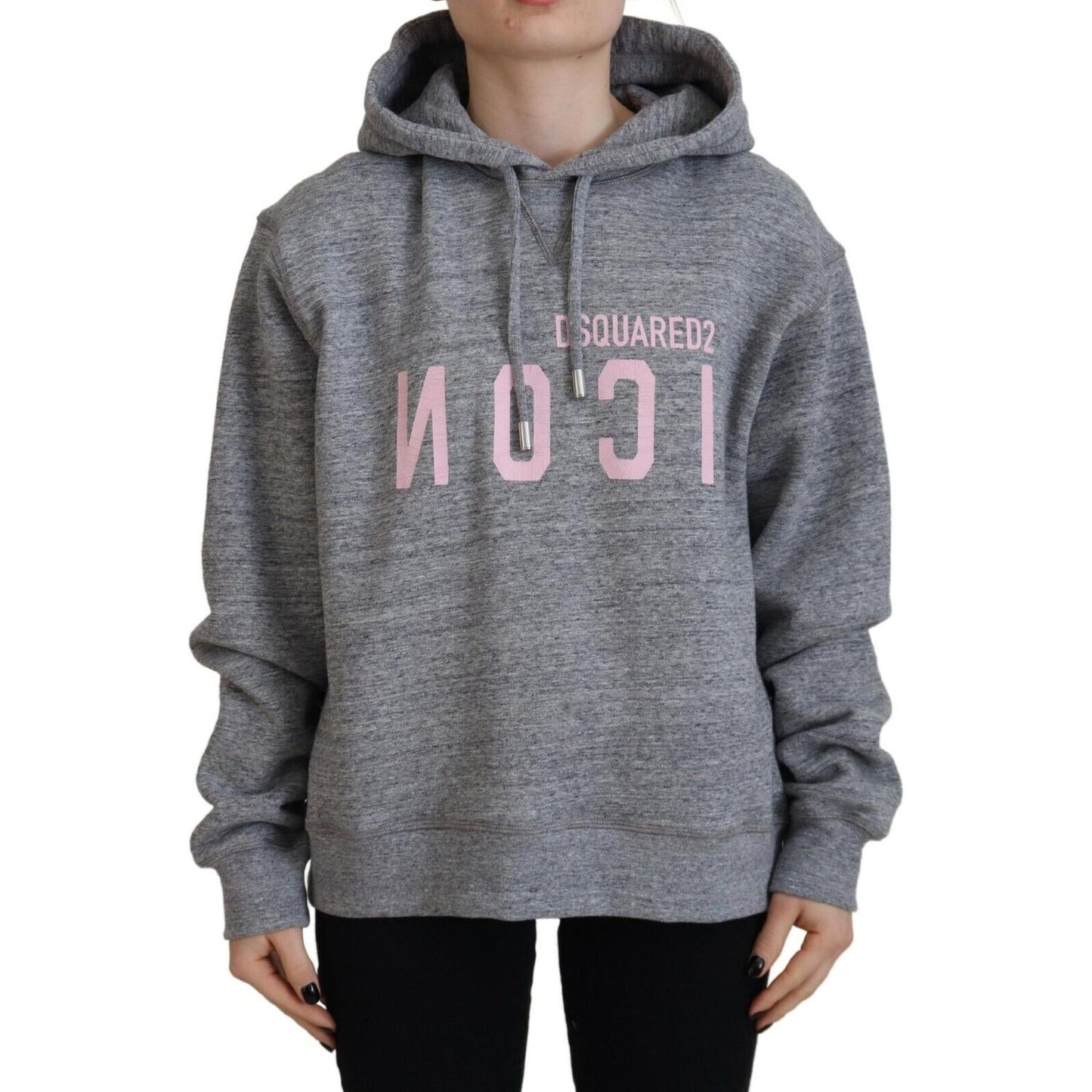 Gray Logo Printed Hooded Women Long Sleeve Sweater