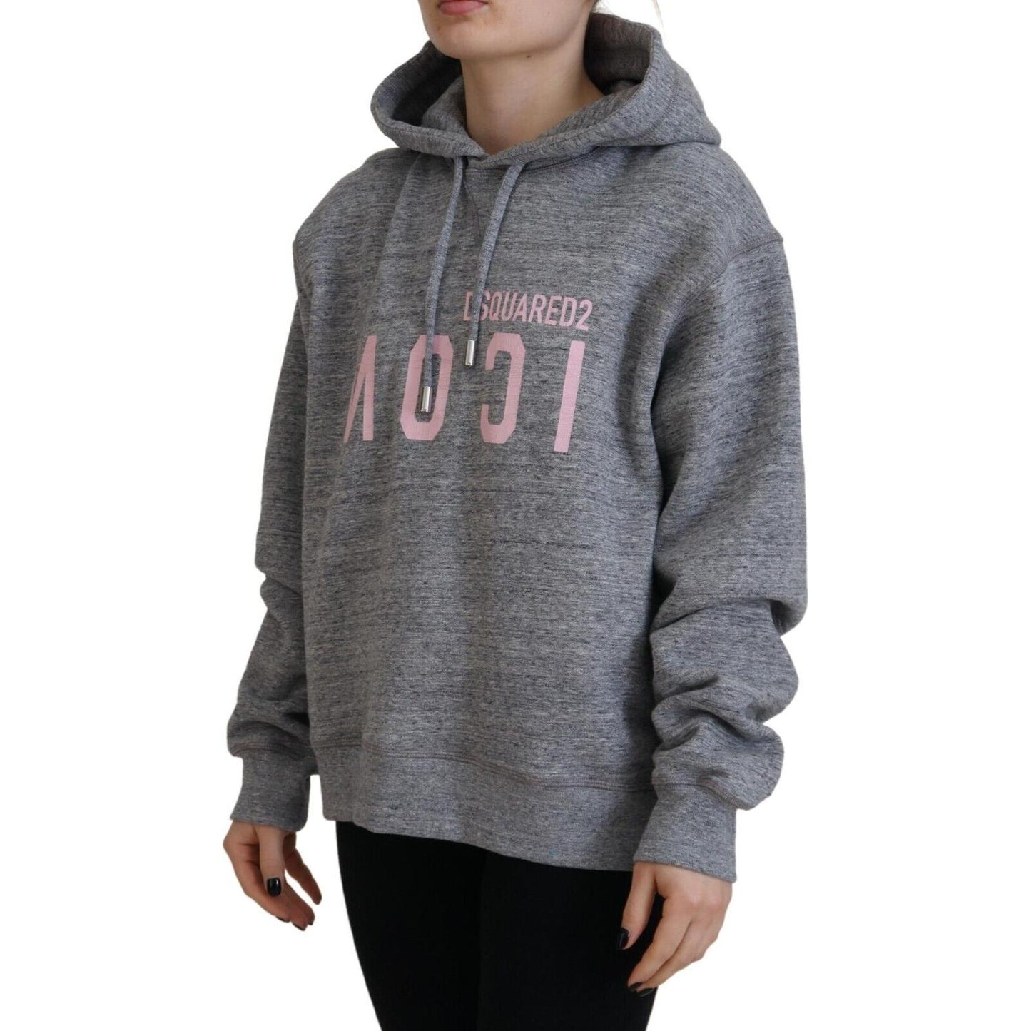 Gray Logo Printed Hooded Women Long Sleeve Sweater