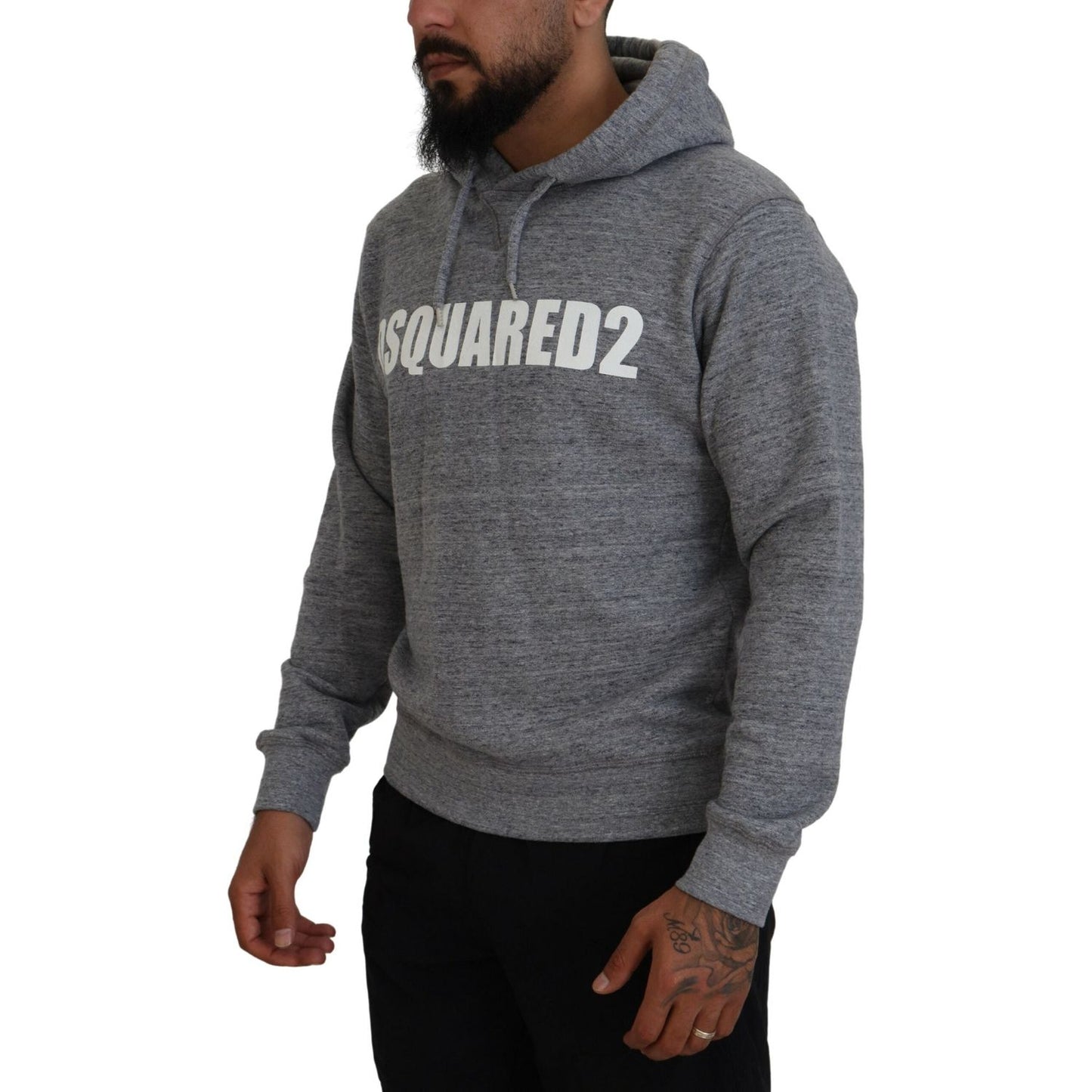 Gray Cotton Hooded Logo Print Men Pullover Sweater