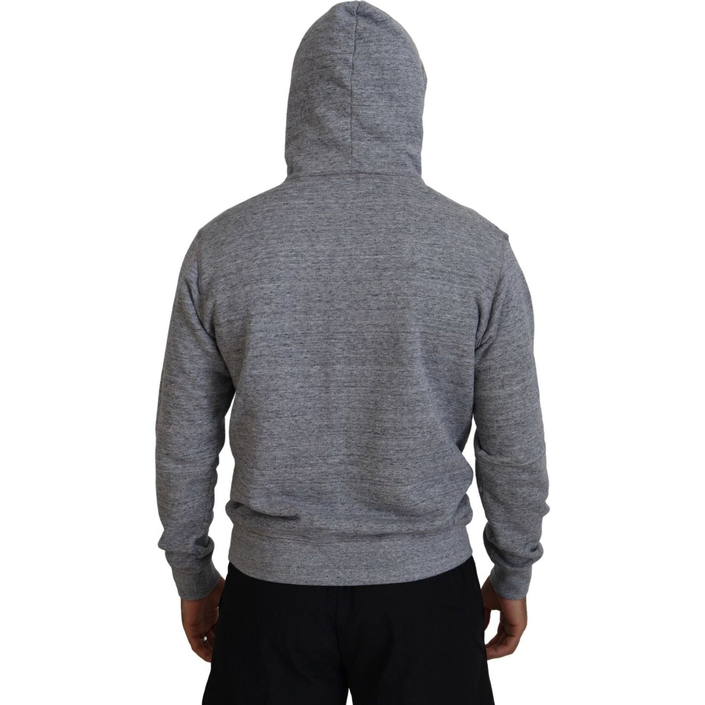 Gray Cotton Hooded Logo Print Men Pullover Sweater