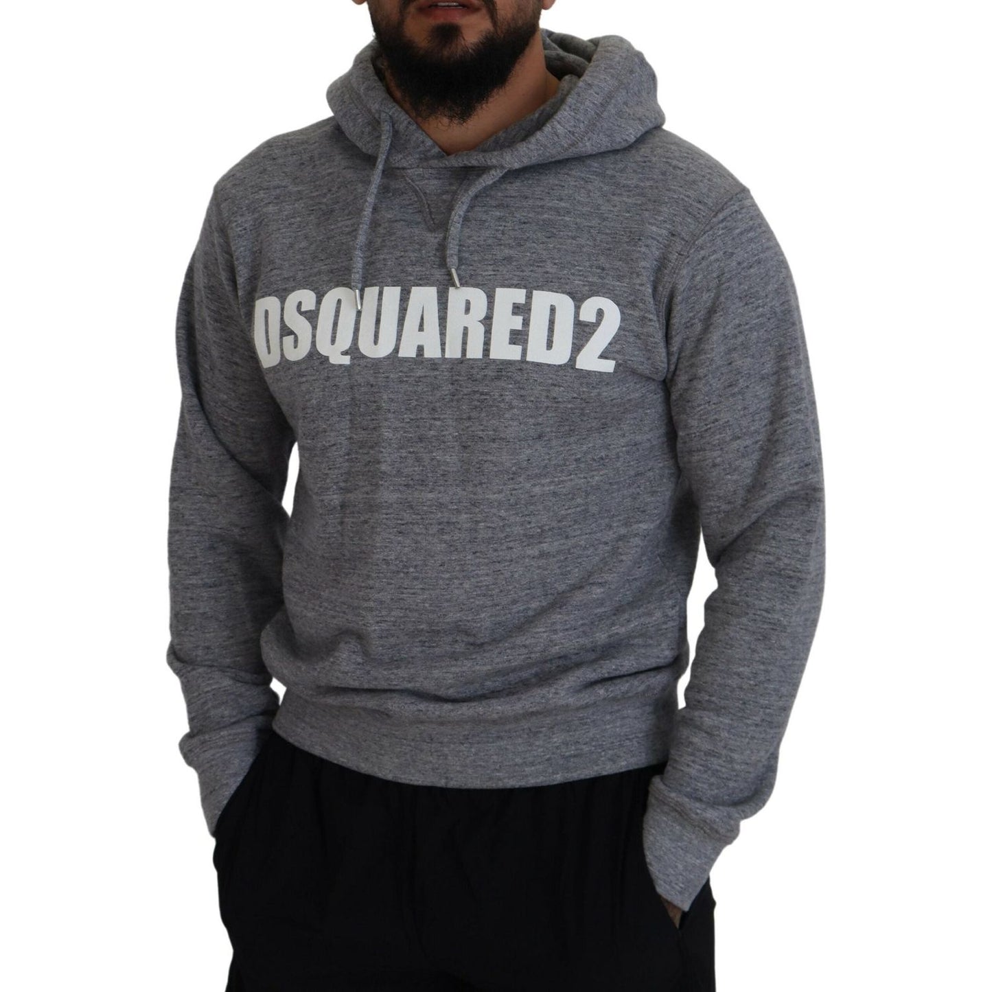 Gray Cotton Hooded Logo Print Men Pullover Sweater