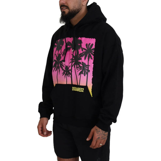 Black Cotton Hooded Printed Men Pullover Sweater