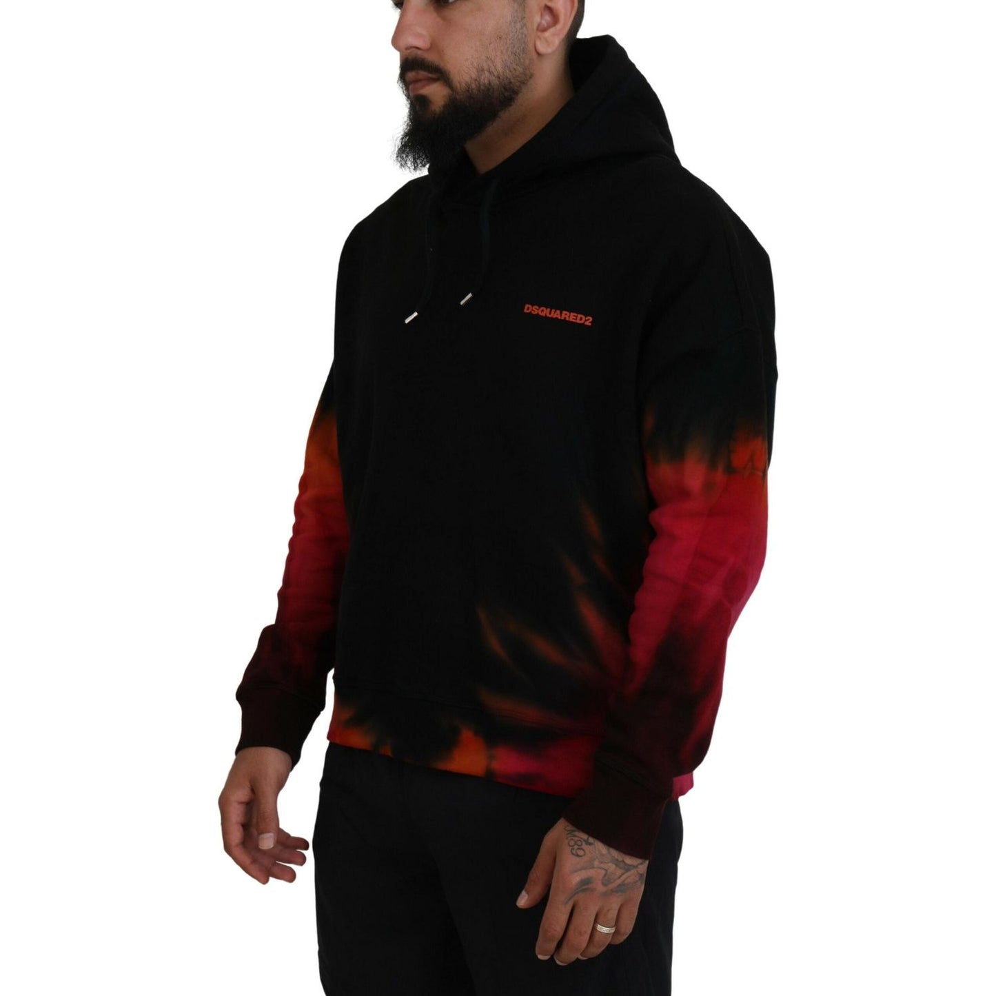 Black Red Cotton Hooded Tie Dye Pullover Sweater