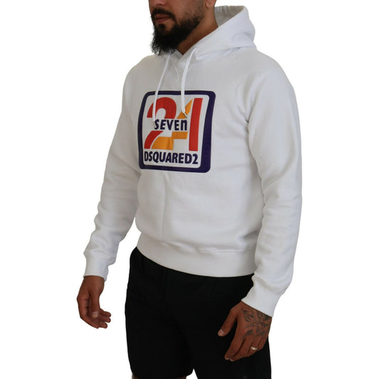 White Cotton Hooded Printed Men Pullover Sweater