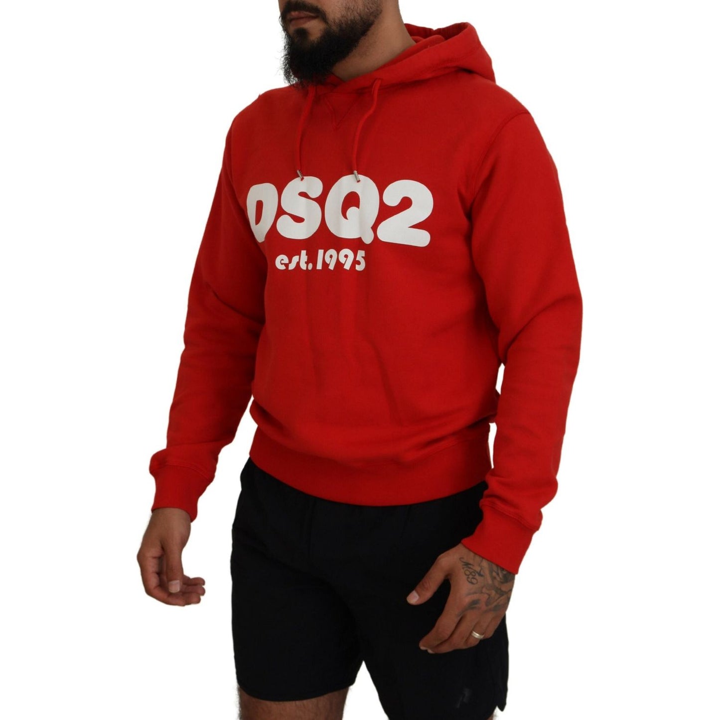 Red Cotton Hooded Printed Men Pullover Sweater