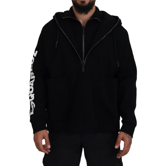 Black Hooded Printed Sleeves Double Zip Sweater