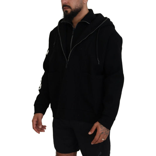 Black Hooded Printed Sleeves Double Zip Sweater