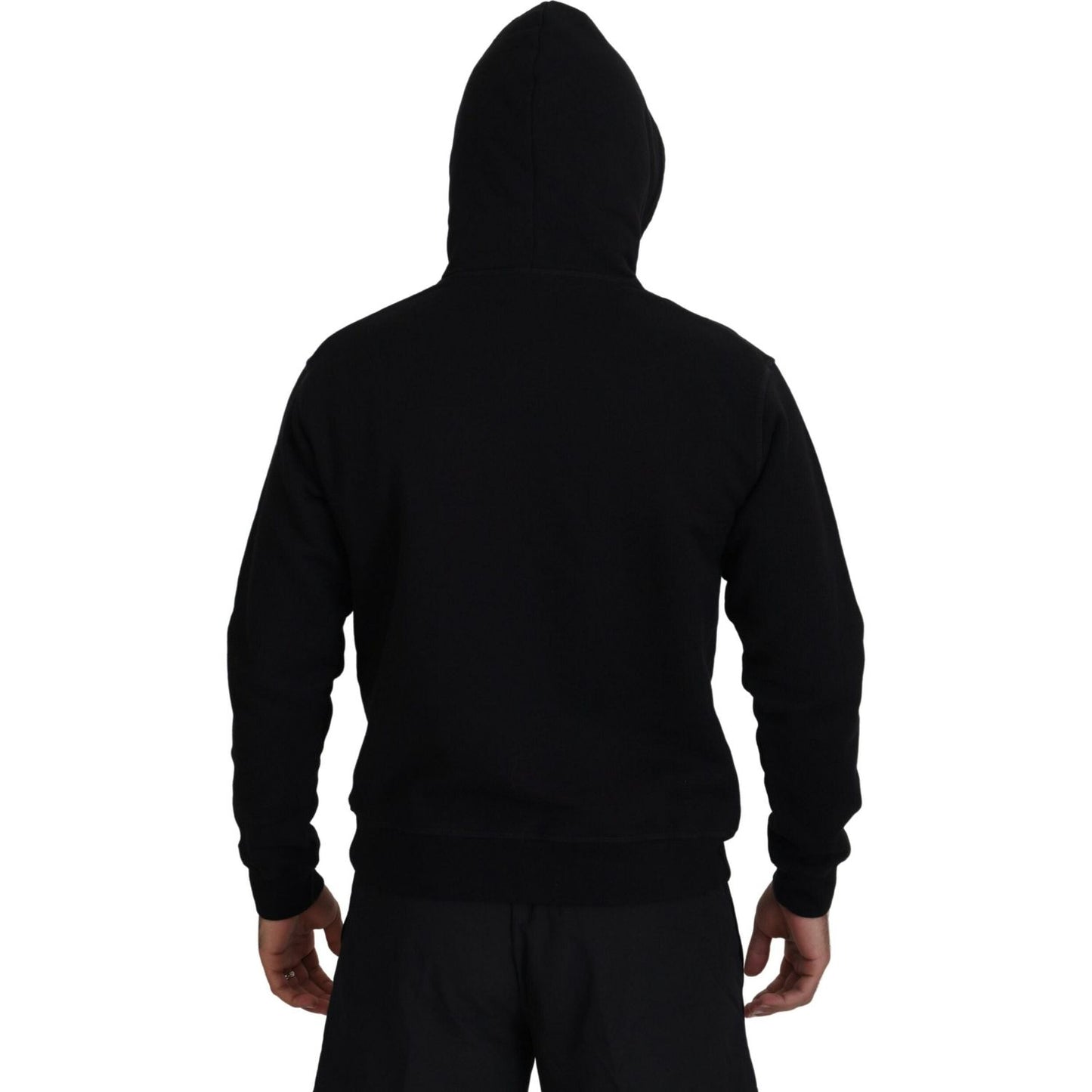 Black Cotton Hooded Printed Men Pullover Sweater