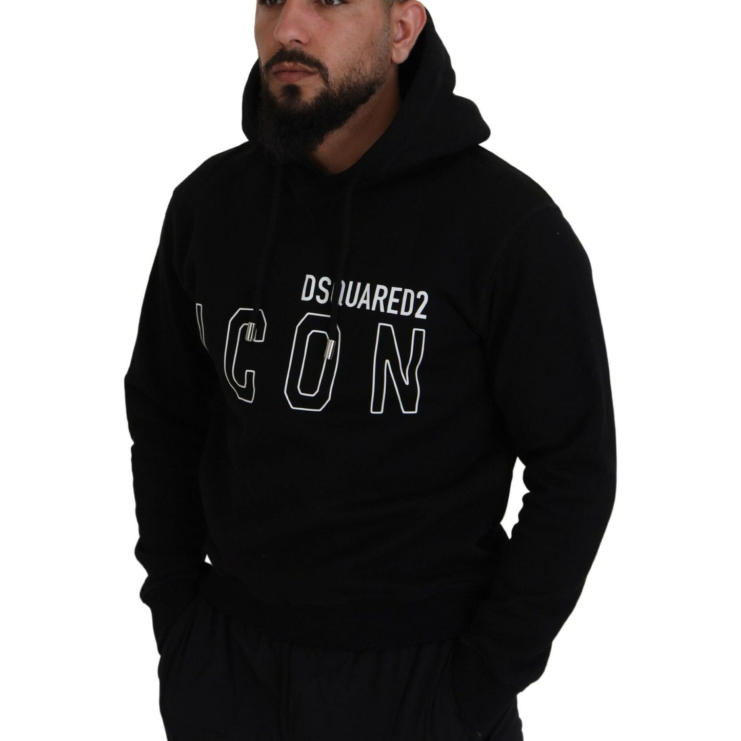 Black Cotton Hooded Printed Men Pullover Sweater