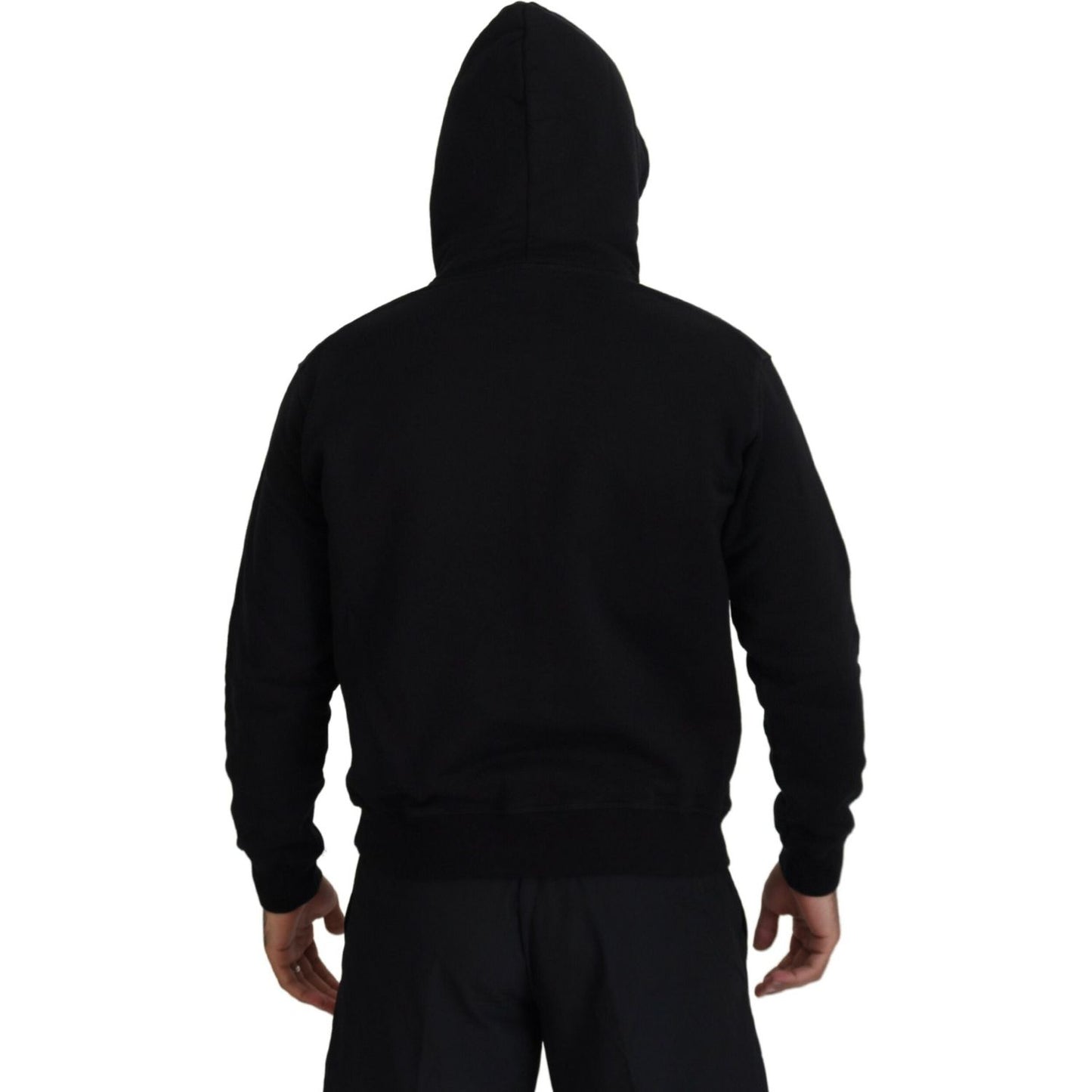 Black Cotton Hooded Printed Men Pullover Sweater