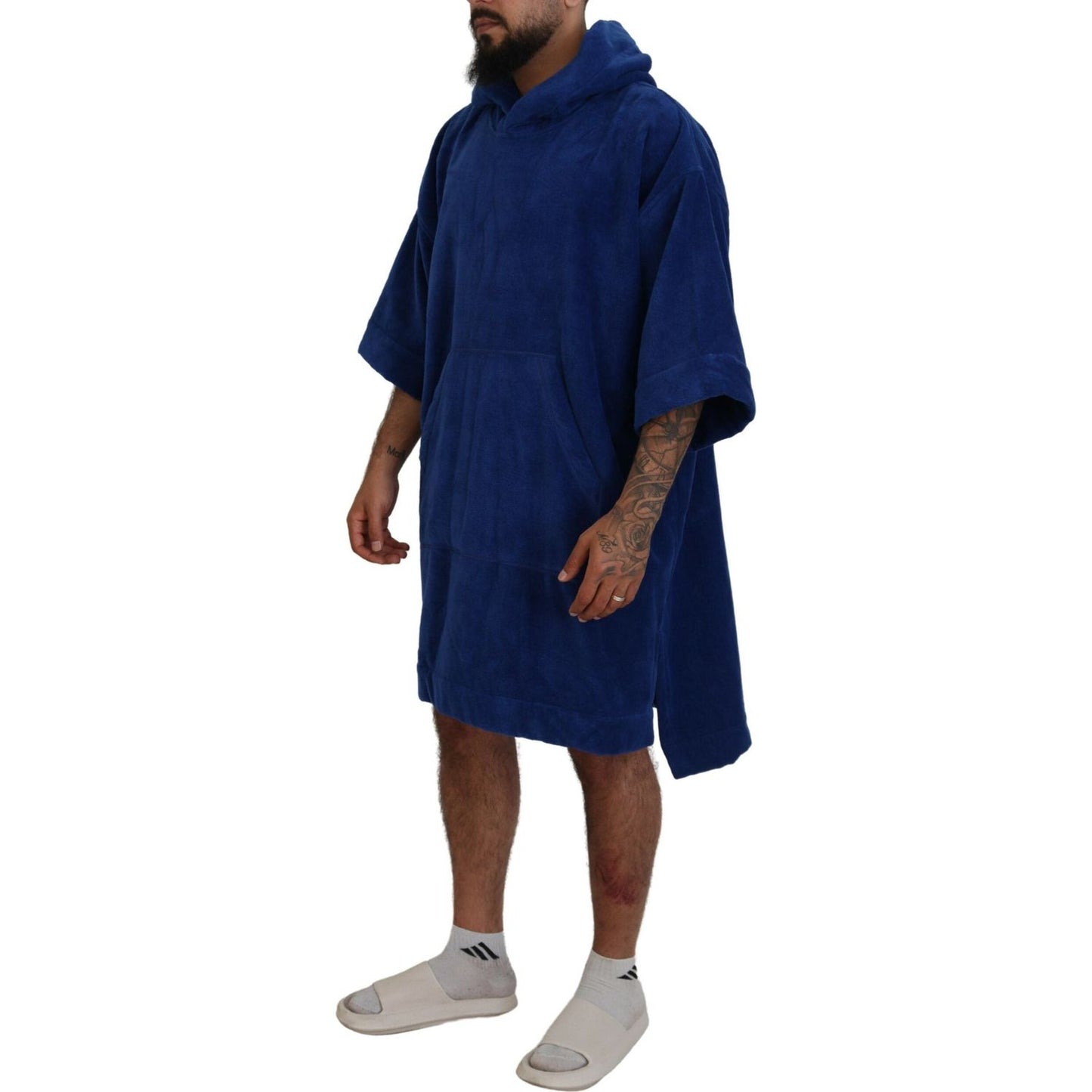 Blue Poncho Men Hooded Beachwear Changing Robe