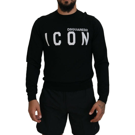 Black Logo Print Long Sleeves Men Pullover Sweater