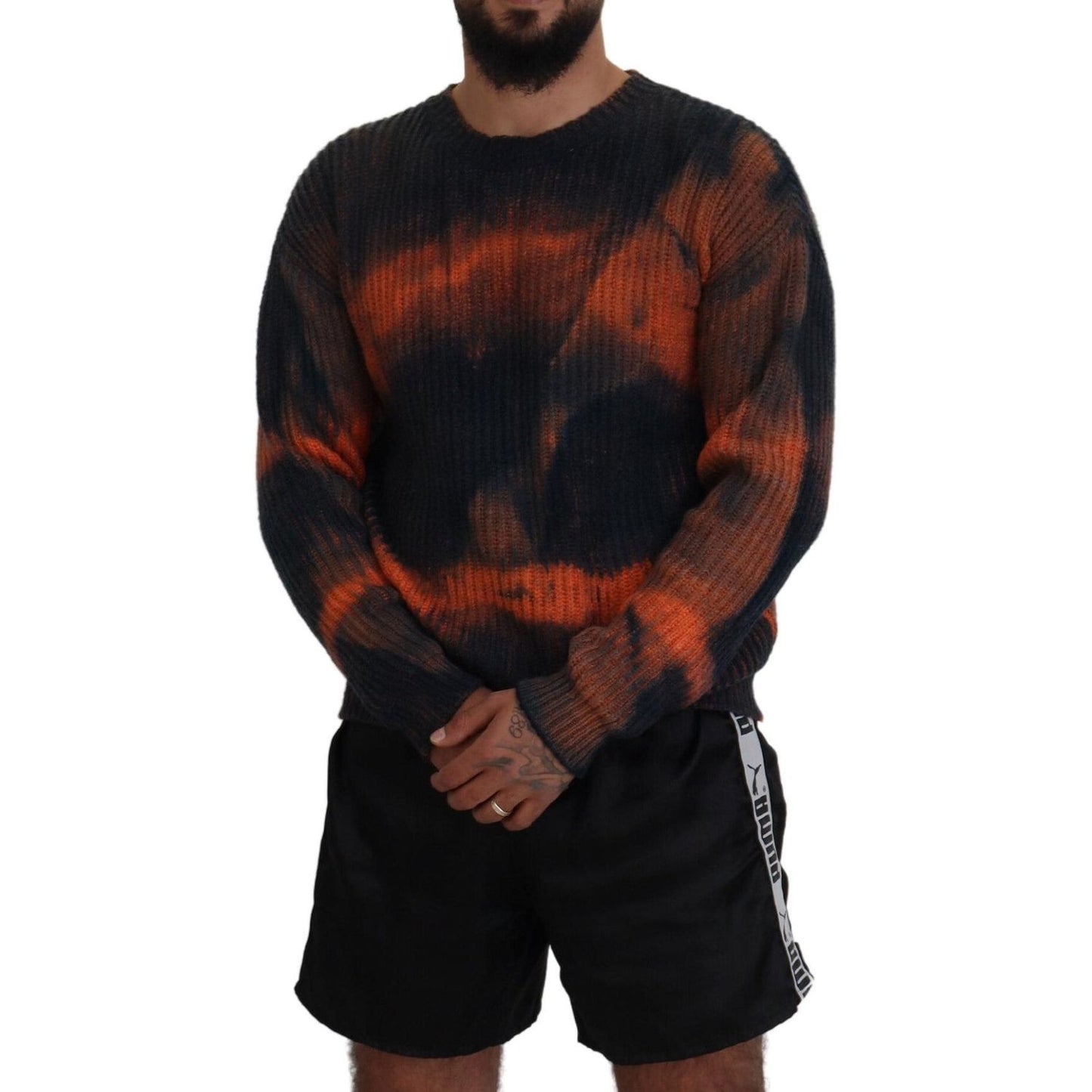 Black Orange Cotton Tie Dye Men Pullover Sweater