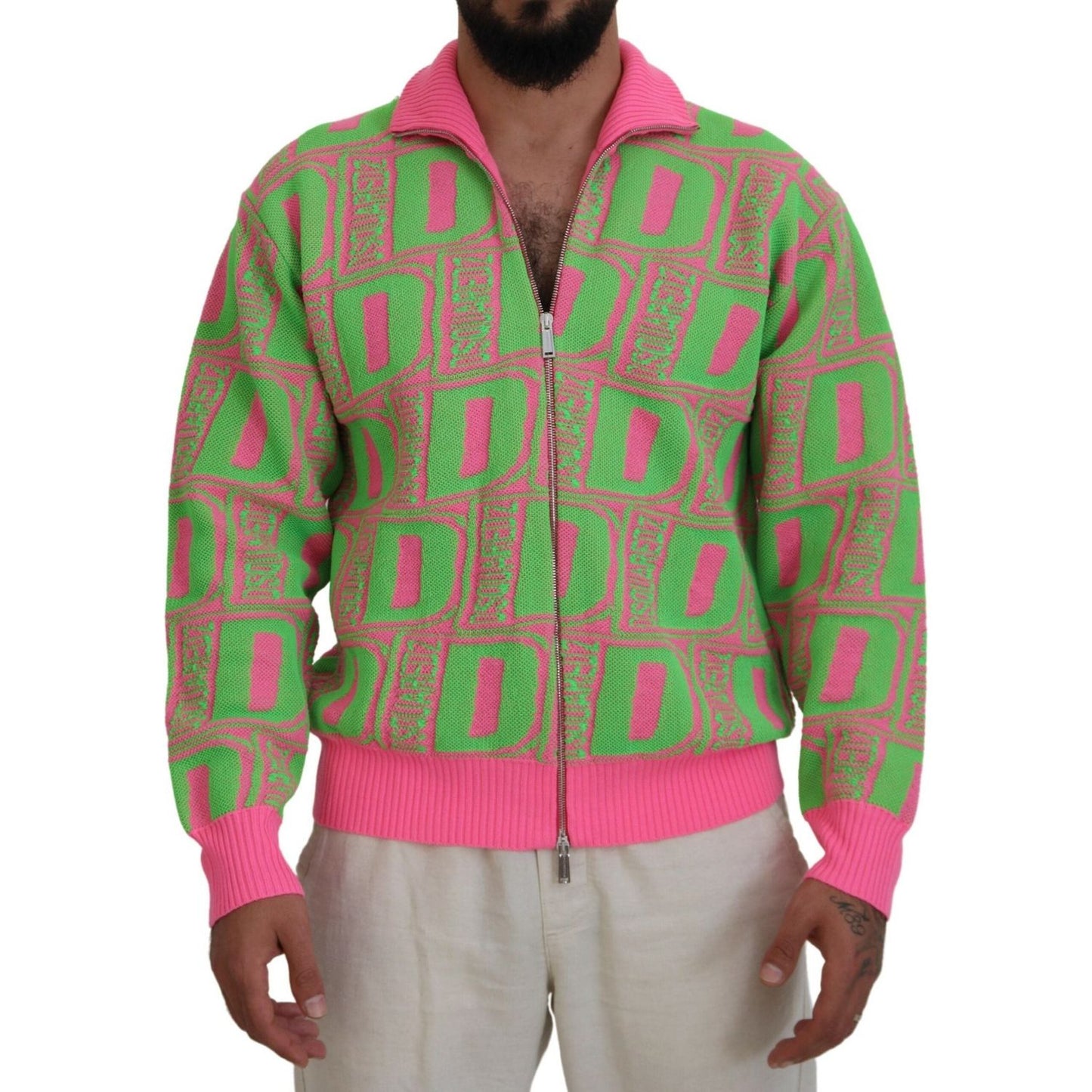 Pink Green Collared Long Sleeves Full Zip Sweater