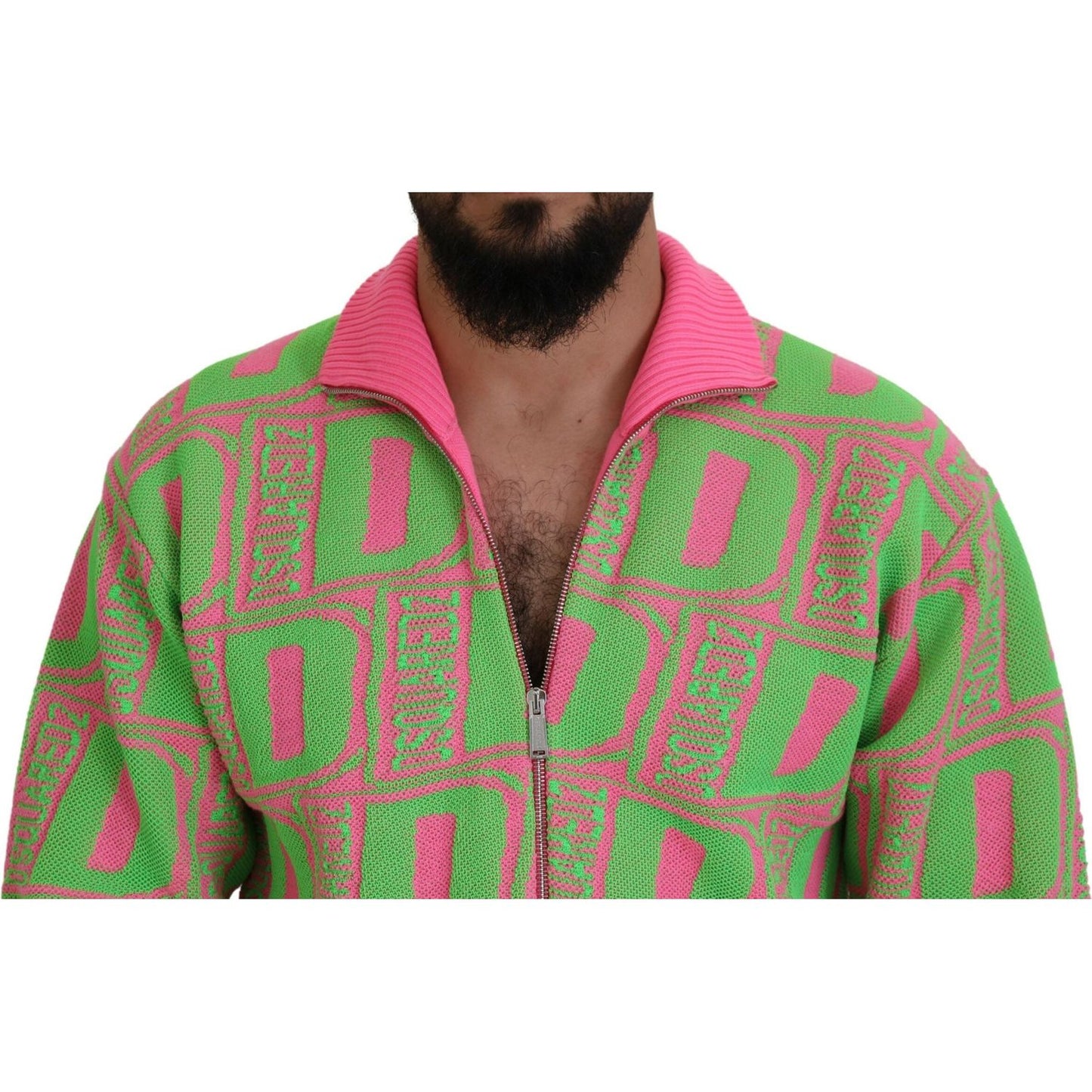 Pink Green Collared Long Sleeves Full Zip Sweater