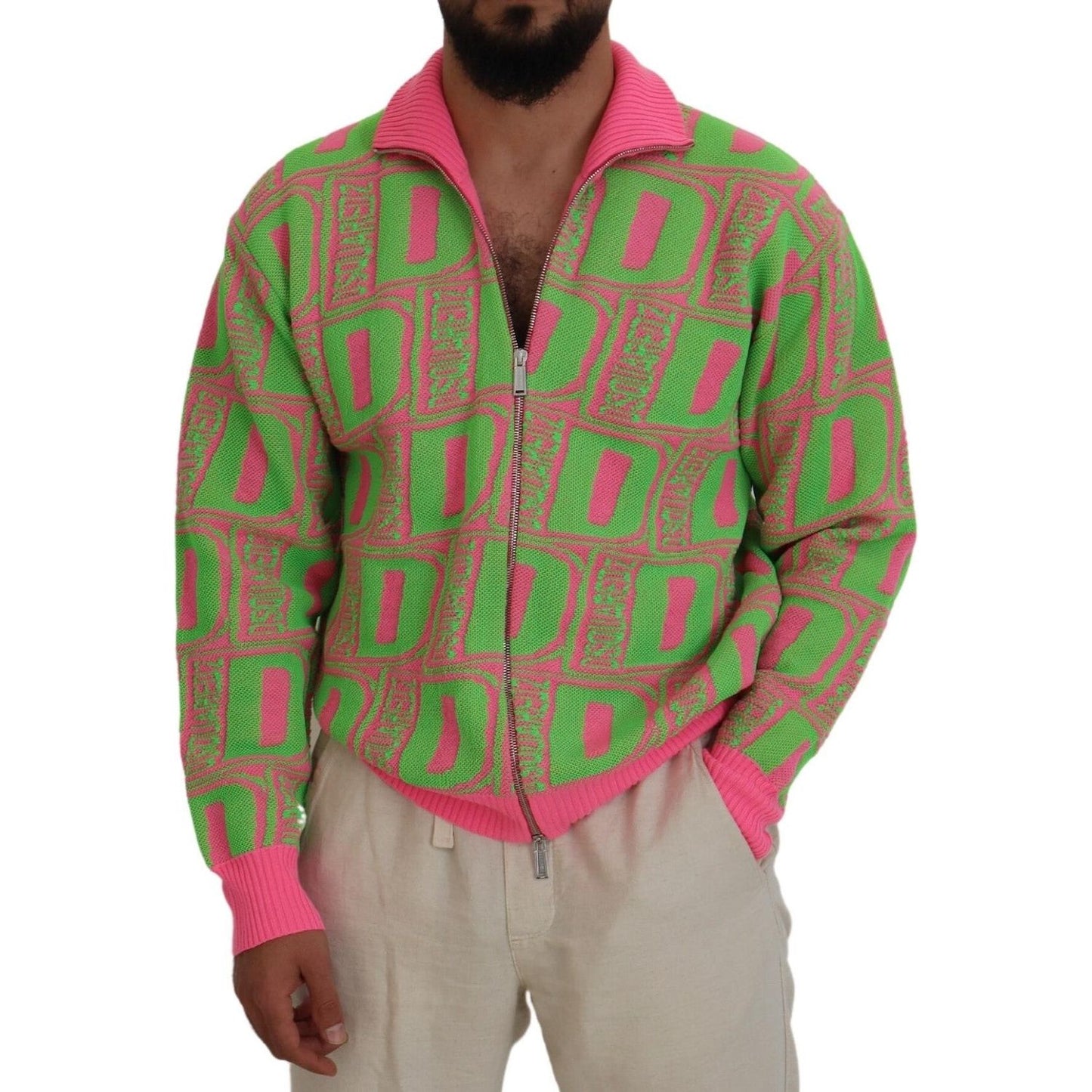 Pink Green Collared Long Sleeves Full Zip Sweater