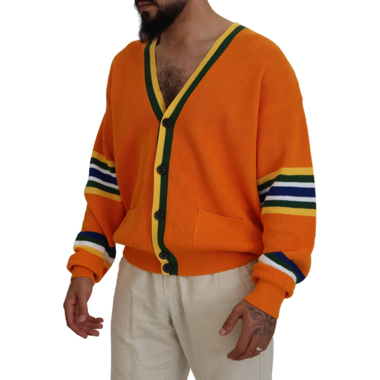 Orange Cotton Long Sleeves Men Cardigan Sweater