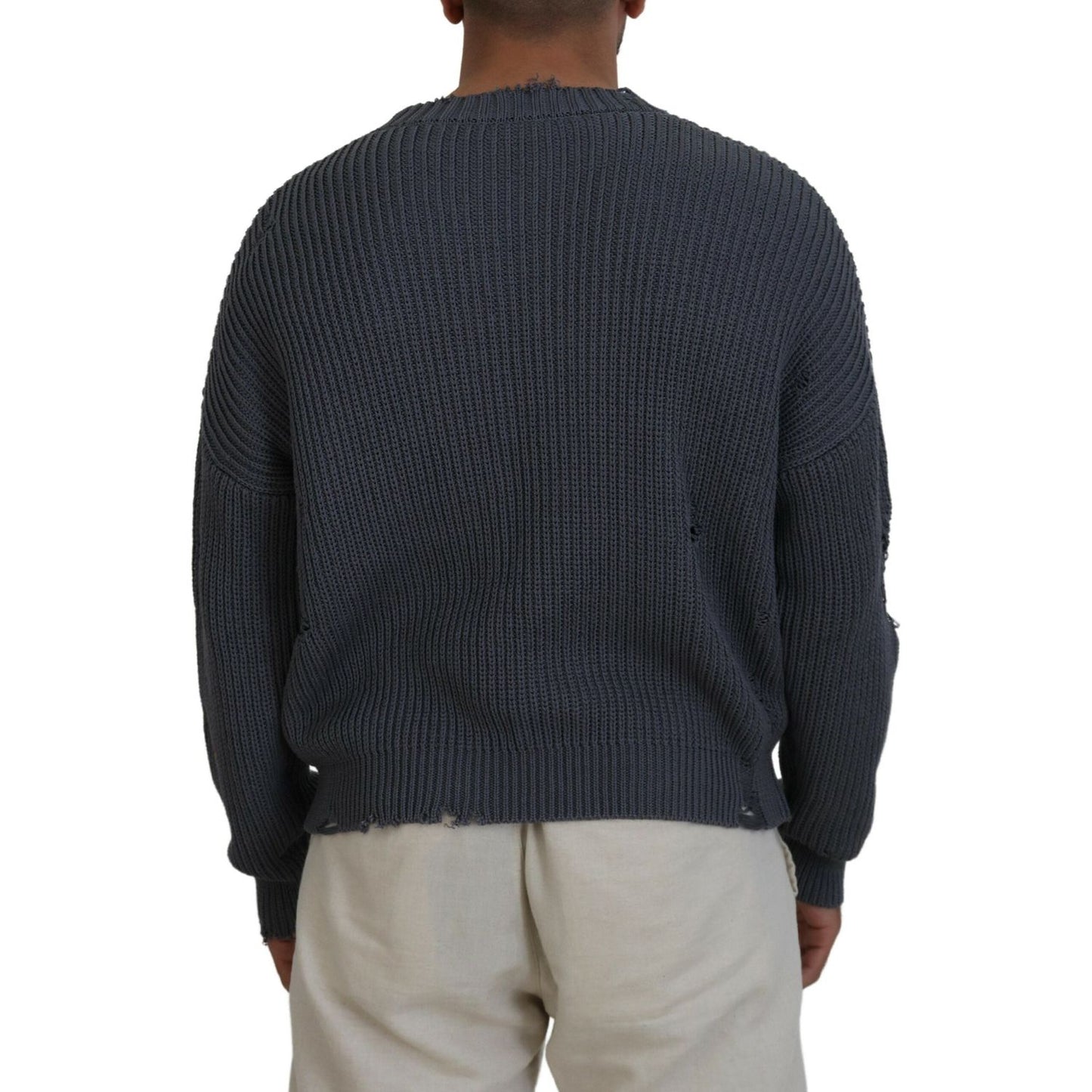 Gray Men Tattered Knitted Pullover Sweater